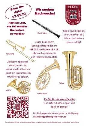 Plakat zum Instrumenten-Schnuppertag am 7. Mai 2023 der Rekener Blaskapelle.