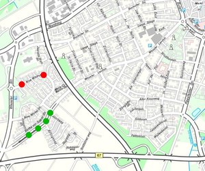 Um die Querung der Weseler Landstraße und der Nina-Winkel-Straße im Wohngebiet Hovesath in Borken sicherer zu gestalten, entstehen an verschiedenen stellen neue Querungshilfen (grüne und rote Punkte in der Grafik). Die Arbeiten beginnen am Mittwoch, 14. Juni 2023.