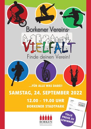 Unter dem Motto „Finde deinen Verein… für alle was dabei!“ findet am 24. September 2022 von 12 bis 19 Uhr die zweite „Borkener Vereinsvielfalt“ im Stadtpark in Borken statt.