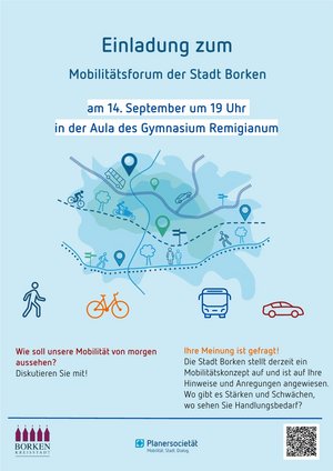 Am Mittwoch, 14. September 2022, lädt die Stadt Borken um 19 Uhr zum Mobilitätsforum in die Aula des Gymnasiums Remigianum in Borken ein.