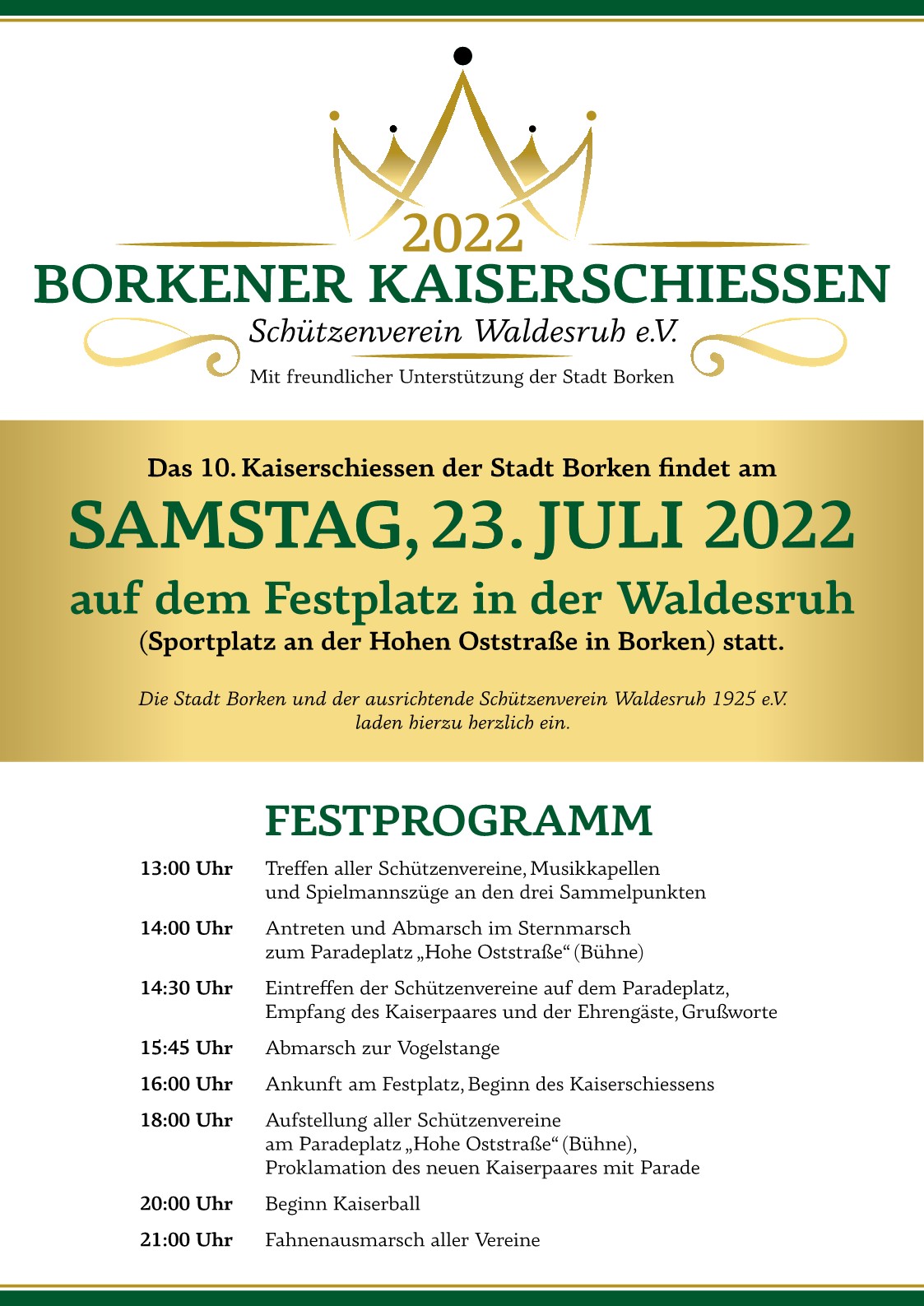 Das Festprogramm zum "10. Kaiserschießen der Stadt Borken" startet am 23. Juli 2022 für die Schützenvereine, Musikkapellen und Spielmannszüge bereits um 13 Uhr. 