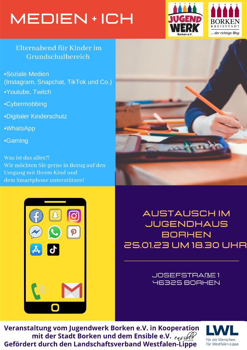 Um Eltern für den sicheren Umgang mit sozialen Medien zu schulen, bietet das Jugendwerk Borken in Kooperation mit der Jugendförderung der Stadt Borken und dem Ensible e.V. am 25. Januar 2023 um 18.30 Uhr im Jugendhaus Borken einen Informationsabend für Eltern von Grundschulkindern an.