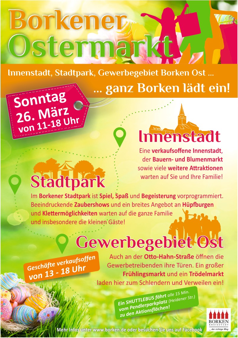 Am 26. März 2023 findet der Ostermarkt in Borken mit verkaufsoffenem Sonntag, Bauern- und Blumenmarkt und einem großen Angebot für Groß und Klein statt. 