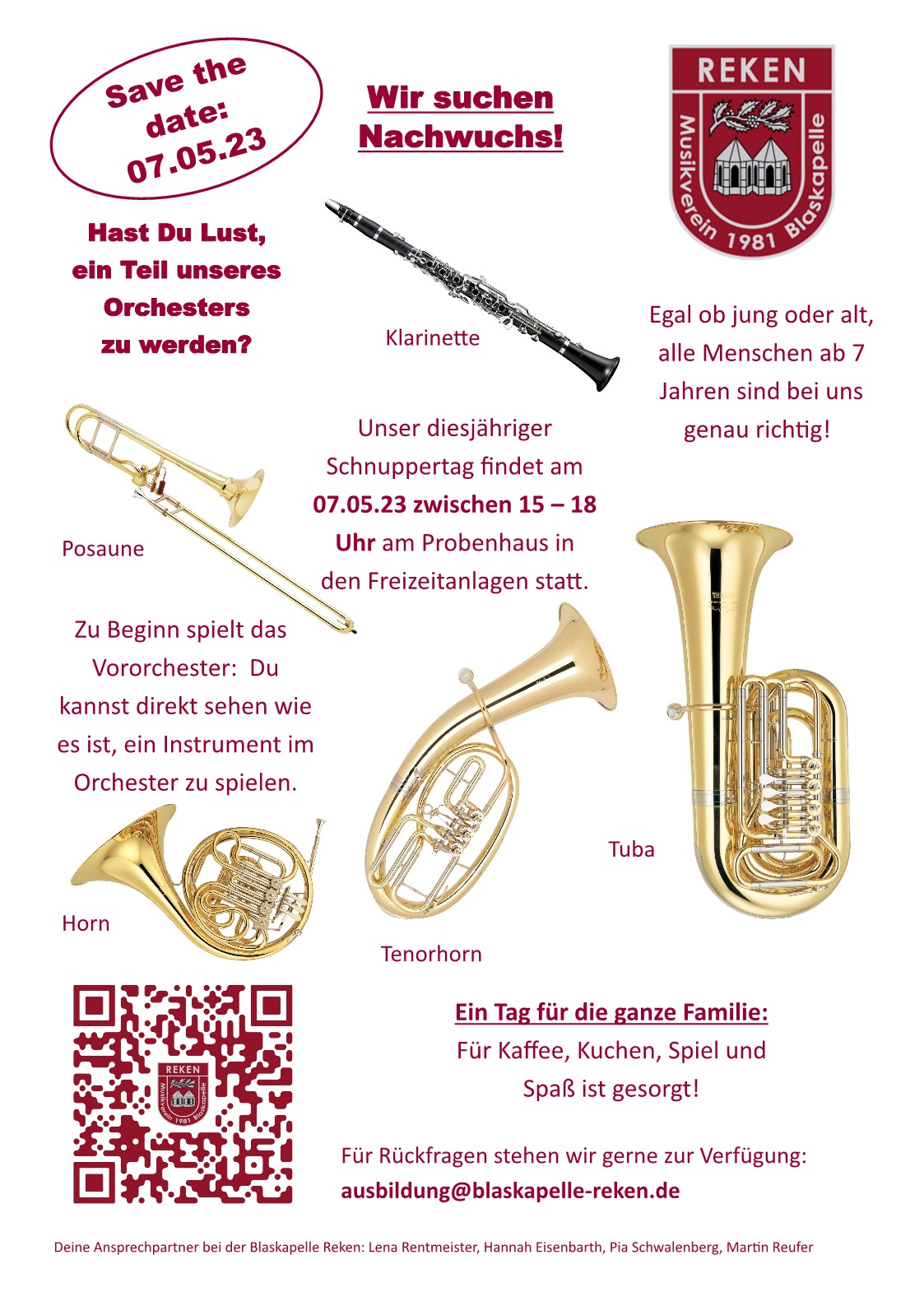 Plakat zum Instrumenten-Schnuppertag am 7. Mai 2023 der Rekener Blaskapelle.