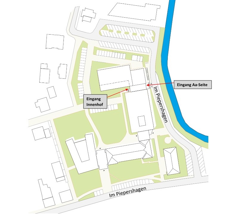 Politische Sitzungen der Stadt Borken finden ab Mai 2023 im Rathausneubau „Im Piepershagen“ 17 statt. In der beigefügten Skizze sind die beiden Zugänge erkennbar: Über den Eingang des Stadtarchivs an der Aa sowie über den Innenhof des Rathaus-Komplexes.