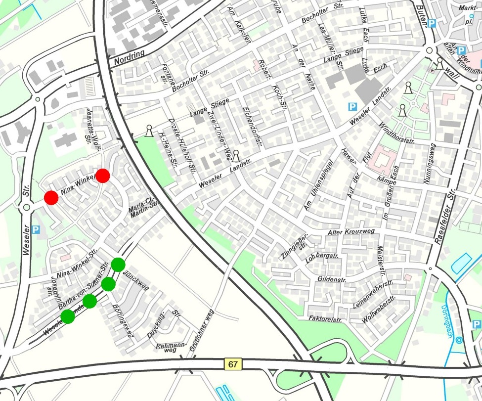 Um die Querung der Weseler Landstraße und der Nina-Winkel-Straße im Wohngebiet Hovesath in Borken sicherer zu gestalten, entstehen an verschiedenen stellen neue Querungshilfen (grüne und rote Punkte in der Grafik). Die Arbeiten beginnen am Mittwoch, 14. Juni 2023.