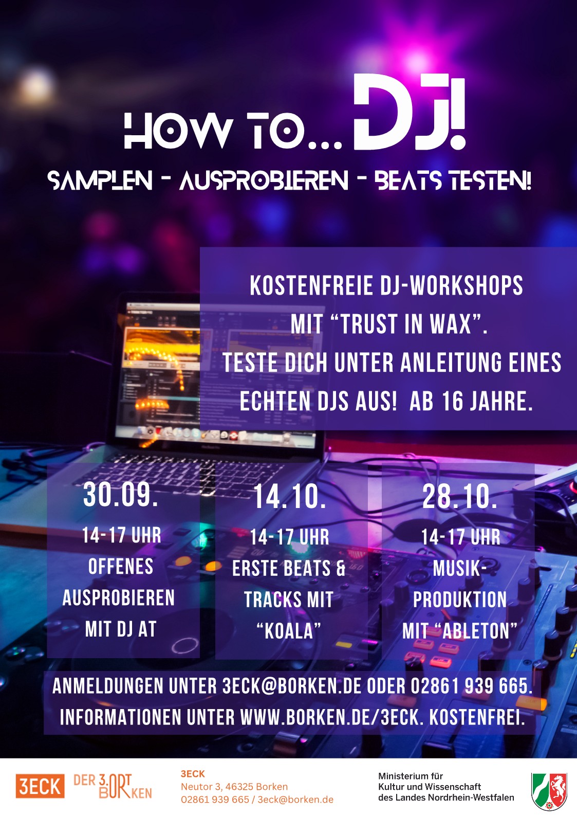 Plakat zum DJ-Workshop im 3ECK, Neutor 3, in Borken.